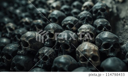 Collection of skulls and bones covered with spider web and dust in the catacombs. Numerous creepy skulls in the dark. Abstract concept symbolizing death, terror, and evil 114798433