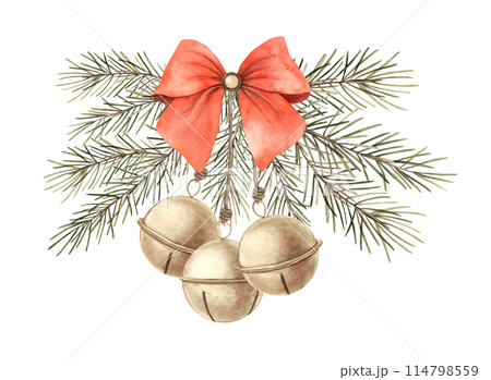 Green spruce with red satin bow and vintage bells. Watercolor Christmas composition in vintage style. Composition for Christmas and New Year holidays, invitations, cards, decoration, packaging, design Green spruce with red satin bow and vintage bells. Watercolor Christmas composition in vintage style. Composition for Christmas and New Year holidays, invitations, cards, decoration, packaging, design 114798559