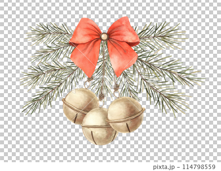 Green spruce with red satin bow and vintage bells. Watercolor Christmas composition in vintage style. Composition for Christmas and New Year holidays, invitations, cards, decoration, packaging, design Green spruce with red satin bow and vintage bells. Watercolor Christmas composition in vintage style. Composition for Christmas and New Year holidays, invitations, cards, decoration, packaging, design 114798559