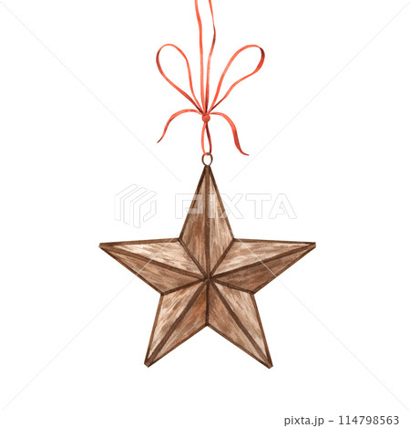 Vintage Copper Five Pointed Star with Pendant and Bow. Watercolor illustration in vintage style on isolated background. Drawing for Christmas holidays, invitations, cards, banners, wrapping paper 114798563