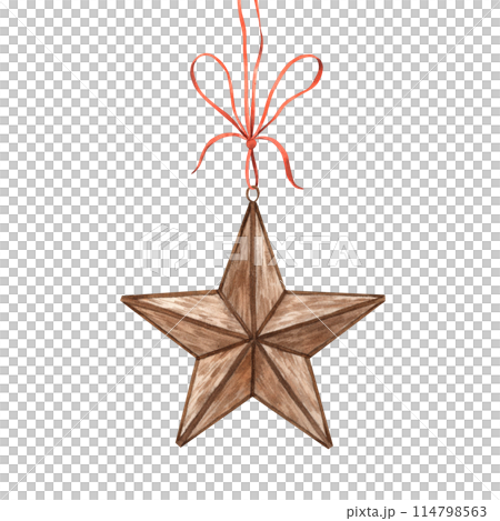 Vintage Copper Five Pointed Star with Pendant and Bow. Watercolor illustration in vintage style on isolated background. Drawing for Christmas holidays, invitations, cards, banners, wrapping paper Vintage Copper Five Pointed Star with Pendant and Bow. Watercolor illustration in vintage style on isolated background. Drawing for Christmas holidays, invitations, cards, banners, wrapping paper 114798563