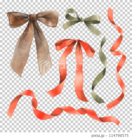 A set of silk satin ribbons and bows of different colors. Isolated watercolor illustration in vintage style. Hand drawn drawings for cards, various holidays, invitations, textiles, stickers A set of silk satin ribbons and bows of different colors. Isolated watercolor illustration in vintage style. Hand drawn drawings for cards, various holidays, invitations, textiles, stickers 114798575