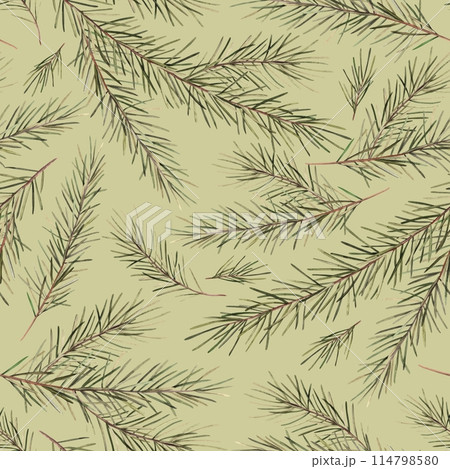 Pattern of fir branches. Watercolor botanical pattern of pine branches, pine needles, branches on a green background. Drawings for Christmas and New Year holidays, textiles, wrapping paper, decor 114798580