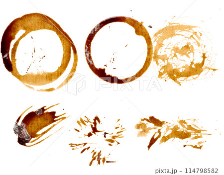 Spilled coffee with drops and splashes, round imprints from a cup Spilled coffee with drops and splashes, round imprints from a cup 114798582