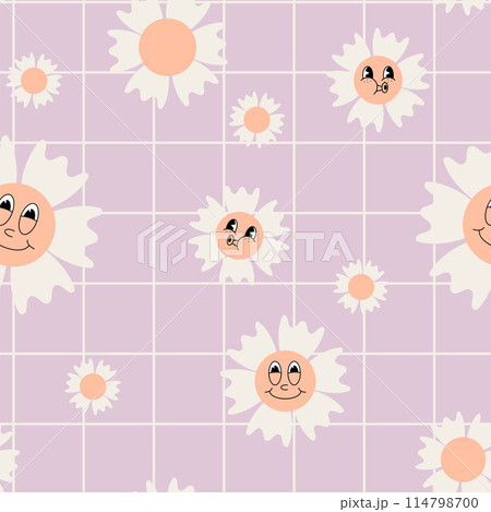Y2K aesthetics, Groovy Daisy Flowers with smiles Seamless Pattern in swatches. Floral Vector Background in 1970s Hippie Retro Style for Print on Textile, Wrapping Paper, Web Design and Social Media. 114798700