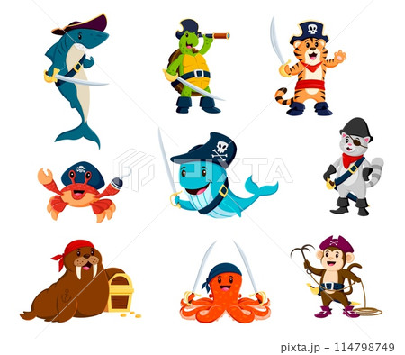 Cartoon funny sea pirate animal characters, captain and corsairs, vector sailors. Caribbean pirate animals, shark in tricorne hat, turtle buccaneer and whale filibuster or walrus with treasure chest 114798749