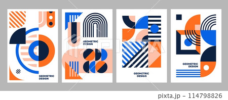 Abstract modern geometric business posters with vector pattern of minimal graphic design elements. Square, triangle, circle, line and arch geometric shapes composition, trendy mosaic brochure template 114798826