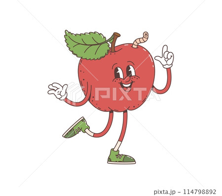Groovy retro cartoon red apple fruit character, vector funky comic hippie art. 70s groovy cartoon funny apple with worm and happy smile on face, positive emotion and silly emoji in hipster shoes Groovy retro cartoon red apple fruit character, vector funky comic hippie art. 70s groovy cartoon funny apple with worm and happy smile on face, positive emotion and silly emoji in hipster shoes 114798892