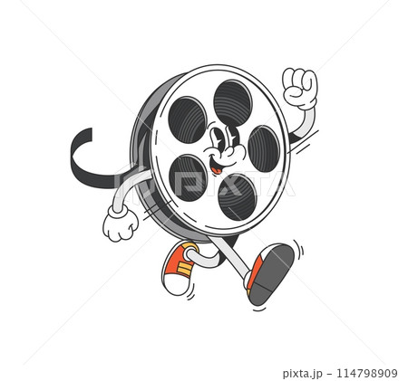 Groovy movie film character. Isolated cartoon vector classic filmstrip reel cinema personage with smiling face and animated limbs, wearing sneakers, carefree walking and striking dynamic, joyful pose Groovy movie film character. Isolated cartoon vector classic filmstrip reel cinema personage with smiling face and animated limbs, wearing sneakers, carefree walking and striking dynamic, joyful pose 114798909