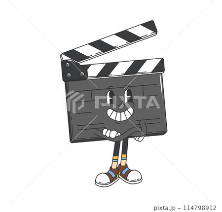 Groovy movie clapperboard character. Isolated cartoon vector anthropomorphic cinematography clapboard. Playful retro cinema personage with a smiling face, and crossed arms, wearing trendy sneakers 114798912