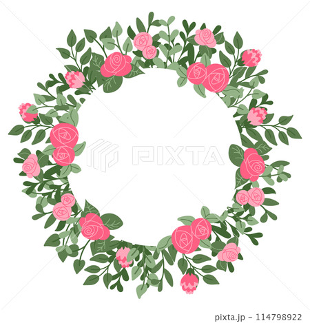 Floral round flat template with abstract stylized plants. Summer botanical concept. Flat hand drawn colored wreath with flowers isolated on white background. Trendy print design for interior decor Floral round flat template with abstract stylized plants. Summer botanical concept. Flat hand drawn colored wreath with flowers isolated on white background. Trendy print design for interior decor 114798922