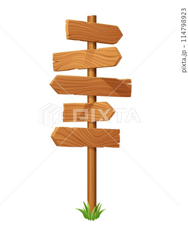Signpost with wooden direction arrow signs. Isolated vector road fork, signage, pointer with blank wood planks on pole. Signpost pointing directions and ways, with a tuft of green grass at the base Signpost with wooden direction arrow signs. Isolated vector road fork, signage, pointer with blank wood planks on pole. Signpost pointing directions and ways, with a tuft of green grass at the base 114798923
