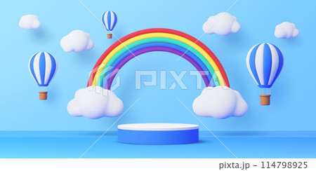 Kids podium with hot air balloons, sky clouds and rainbow. 3d vector summertime background in cute childish toy style with round stage or pedestal under blue cloudy sky with floating air balloons 114798925