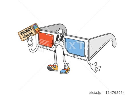 Groovy 3d cinema glasses character. Isolated cartoon vector relaxed eyewear personage holding a movie ticket, with a laid-back posture and colorful sneakers, encapsulates the fun of going to the movie Groovy 3d cinema glasses character. Isolated cartoon vector relaxed eyewear personage holding a movie ticket, with a laid-back posture and colorful sneakers, encapsulates the fun of going to the movie 114798934