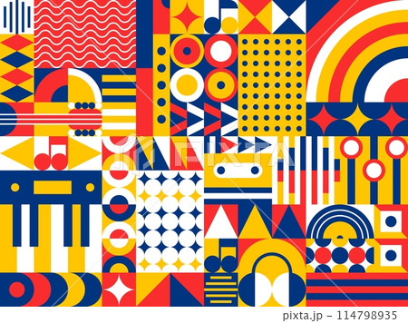 Abstract modern geometric music pattern with colorful shapes and musical elements, headphones, cassette tapes, notes, piano keyboard. Vector background, wallpaper, ornament or print in 80s retro style Abstract modern geometric music pattern with colorful shapes and musical elements, headphones, cassette tapes, notes, piano keyboard. Vector background, wallpaper, ornament or print in 80s retro style 114798935