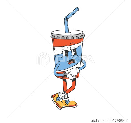 Groovy soda drink character. Isolated cartoon vector cola cup personage wearing trendy sneakers. Beverage with a worried face expression, pointing on the wrist watch, exudes nostalgic hippie vibes 114798962