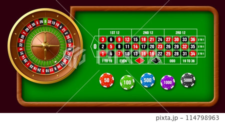 Casino roulette table. Vector gamble game background with spinning roulette wheel with alternating red and black numbered slots, green betting mat with wagering options, and chips indicating values Casino roulette table. Vector gamble game background with spinning roulette wheel with alternating red and black numbered slots, green betting mat with wagering options, and chips indicating values 114798963