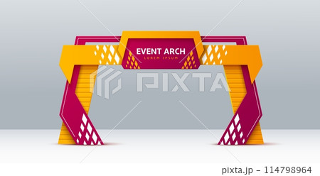 event arch, realistic 3d vector exhibition entrance or entry, modern and stylish arc gate design in bright yellow and purple with geometric shapes. Colorful gateway frame for festive events or promo event arch, realistic 3d vector exhibition entrance or entry, modern and stylish arc gate design in bright yellow and purple with geometric shapes. Colorful gateway frame for festive events or promo 114798964