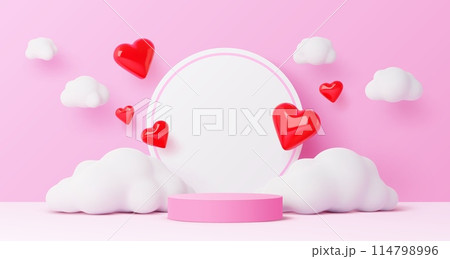 Kids podium stage with red love hearts and clouds. Realistic 3d vector scene in cute childish style, round platform at pink, playful and dreamy background, symbol of love, happiness joy, celebration 114798996