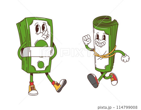 Retro groovy rolled banknotes characters. Vector money bill personages in hippie y2k style, one appears joyful and running, the other looks carefree, both with happy facial expressions and sneakers Retro groovy rolled banknotes characters. Vector money bill personages in hippie y2k style, one appears joyful and running, the other looks carefree, both with happy facial expressions and sneakers 114799008