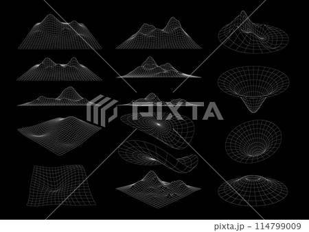 Futuristic wireframe mesh grid. 3d vector geometric shapes, futuristic and technical visualization of landscapes and funnels. Abstract cyberpunk, space, technological, virtual reality linear graphics Futuristic wireframe mesh grid. 3d vector geometric shapes, futuristic and technical visualization of landscapes and funnels. Abstract cyberpunk, space, technological, virtual reality linear graphics 114799009