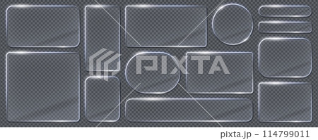 Glass light frames and borders. Realistic 3 vector transparent glass or plastic plaques in shape of rectangle, square, circle and elongated oval. Isolated set of glowing, glossy screens or billboards 114799011