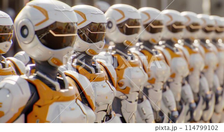 Group of artificial intelligence robots. group of cyborgs in factory Group of artificial intelligence robots. group of cyborgs in factory 114799102