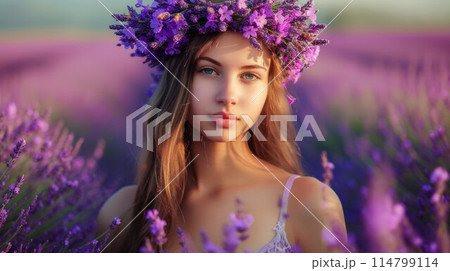 Beautiful girl in lavender wreath and retro dress on the lavender field. Beautiful woman in the lavender field on sunset in France Beautiful girl in lavender wreath and retro dress on the lavender field. Beautiful woman in the lavender field on sunset in France 114799114