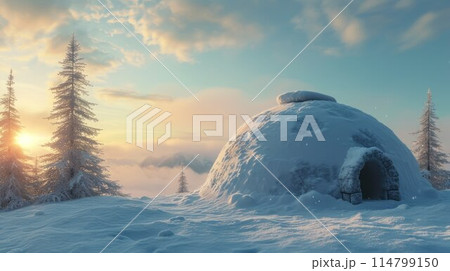 An igloo surrounded by snowy landscape under a cloudy sky An igloo surrounded by snowy landscape under a cloudy sky 114799150