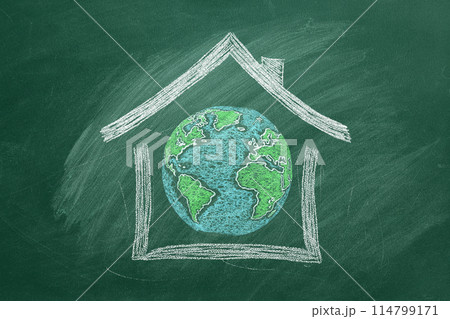 Chalk-Drawn Earth Inside House on Classroom Blackboard 114799171