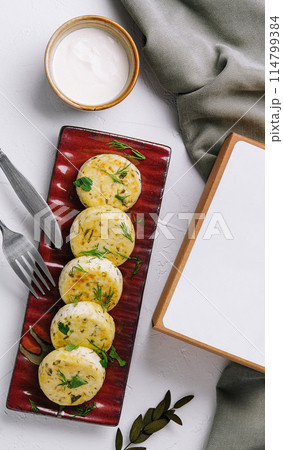 Cottage cheese pancakes with blank box 114799384