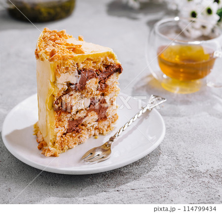 Decadent layered honey cake on modern tabletop Decadent layered honey cake on modern tabletop 114799434