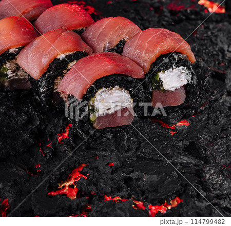 Sushi selection on molten lava texture Sushi selection on molten lava texture 114799482