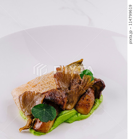 Gourmet seared fish fillet on pea puree 114799619