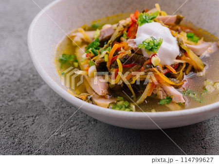 Traditional mexican sopa azteca in a white bowl 114799627