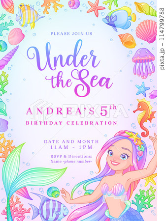 Vector template of mermaid theme birthday party invitation. 114799788