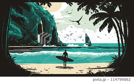 Tropical background with beach, ship and birds on background, ai generated illustration. Surfing sport activity, man with surf board at sea coast line, mountain view 114799862