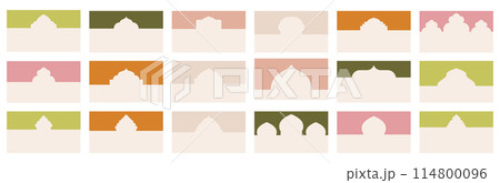 Various geometric shapes for website header or footer sections adorned with Islamic architectural elements. Landing page separator template for structuring design layouts, in vector flat styling. 114800096