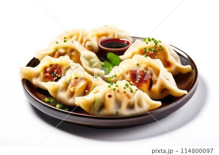 Steamed Gyoza. Dumplings with soy sauce. Gyoza. Healthy eating. Asian food.  114800097