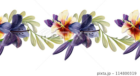 Hand drawn watercolor illustration shabby boho botanical flowers green leaves. Dark lily clivia amaryllis, pansy viola violet. Seamless banner isolated on white. Design wedding suite, love cards, shop Hand drawn watercolor illustration shabby boho botanical flowers green leaves. Dark lily clivia amaryllis, pansy viola violet. Seamless banner isolated on white. Design wedding suite, love cards, shop 114800319