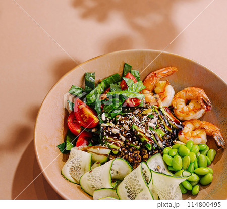 Fresh prawn salad with vegetables and sesame Fresh prawn salad with vegetables and sesame 114800495