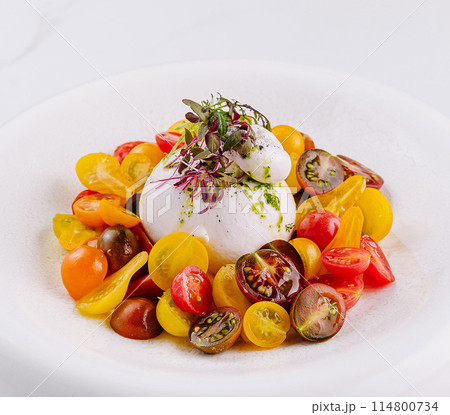 Gourmet burrata cheese salad on white plate Gourmet burrata cheese salad on white plate 114800734