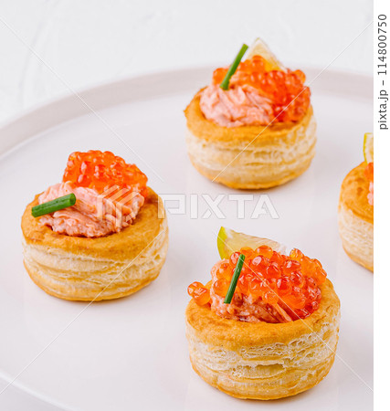 Elegant salmon tartare appetizers on white plate Elegant salmon tartare appetizers on white plate 114800750