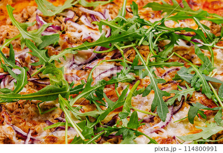 Fresh tuna and arugula pizza on white plate Fresh tuna and arugula pizza on white plate 114800991