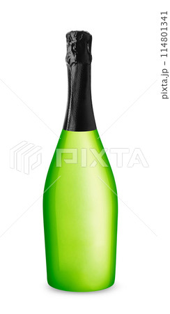 Isolated green champagne bottle with a foil top on a white background 114801341