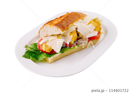 Fresh baguette sandwich on white plate Fresh baguette sandwich on white plate 114801722