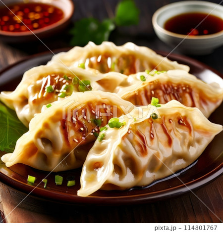 Steamed Gyoza. Dumplings with soy sauce. Gyoza. Healthy eating. Asian food.  114801767