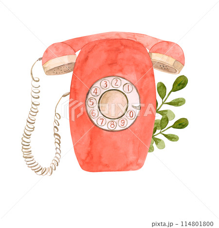 Red vintage telephone with a disk, hand-painted in watercolor, with green branches. Retro telephone for cards, printing, packaging Red vintage telephone with a disk, hand-painted in watercolor, with green branches. Retro telephone for cards, printing, packaging 114801800