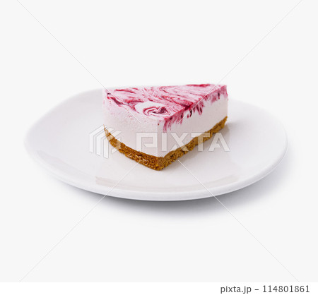 Slice of raspberry cheesecake on white plate Slice of raspberry cheesecake on white plate 114801861