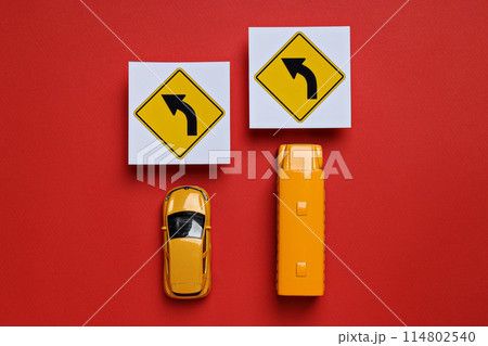 Traffic rules and motor vehicles on a red background. Traffic rules and motor vehicles on a red background. 114802540